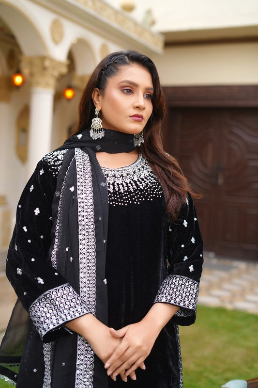 Brit Valvet 3 piece with chiffon dupata _3024 Black B276