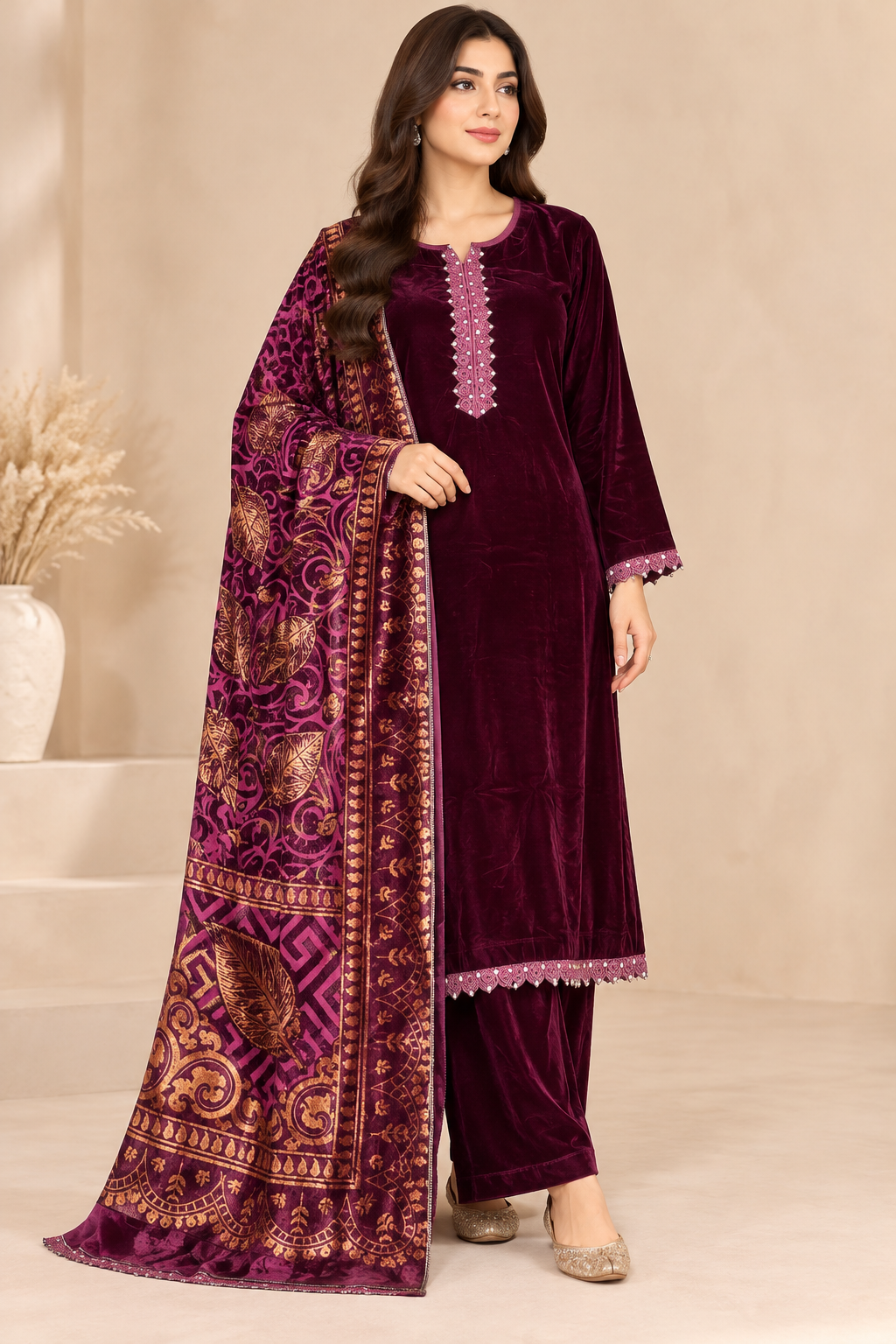 Brit 3 piece velvet with palachi shawl_5004 ladies suit B393