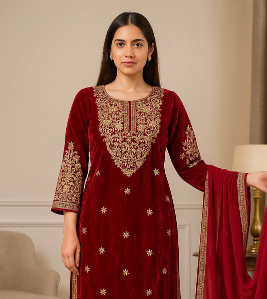 Brit 3 piece velvet_7048 ladies suit mehroon B49