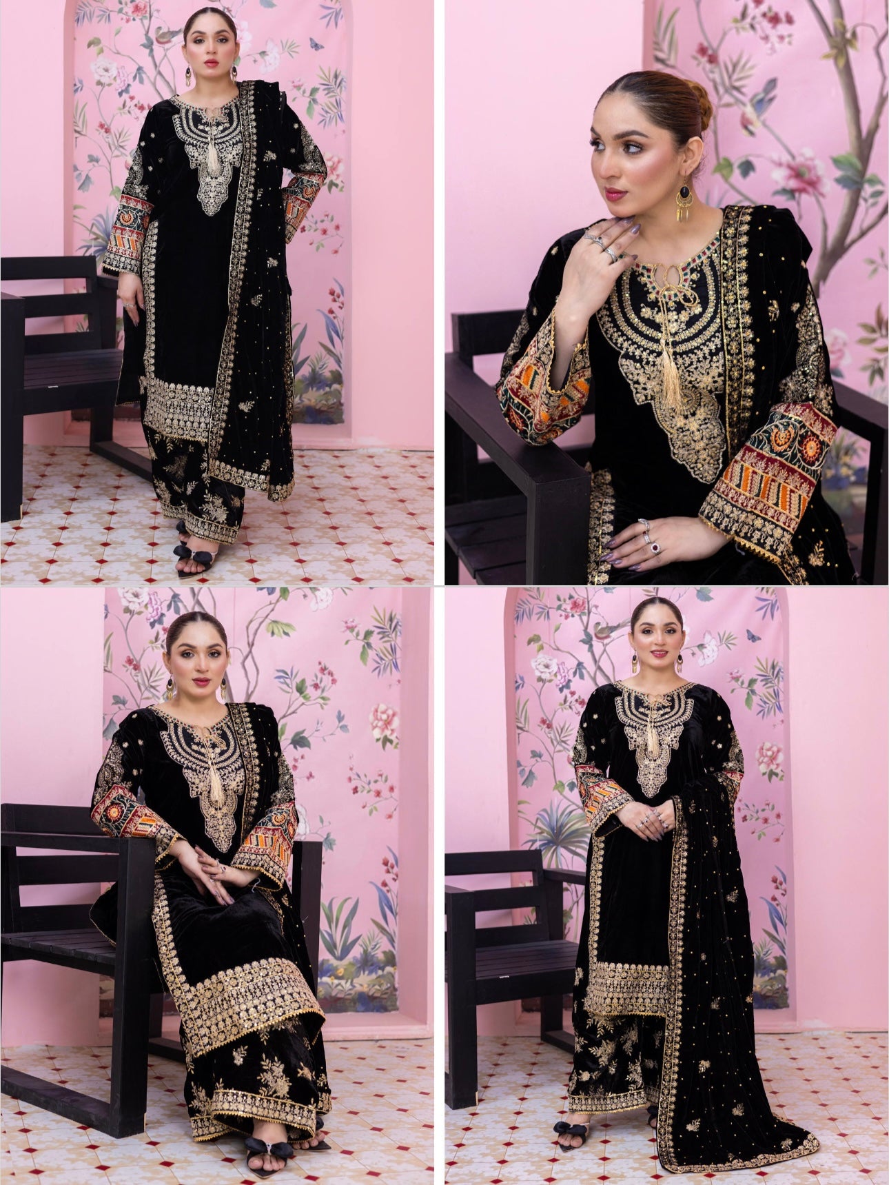 Brit 3 piece luxury Valvet_81042 Pakistani ladies suit black B292