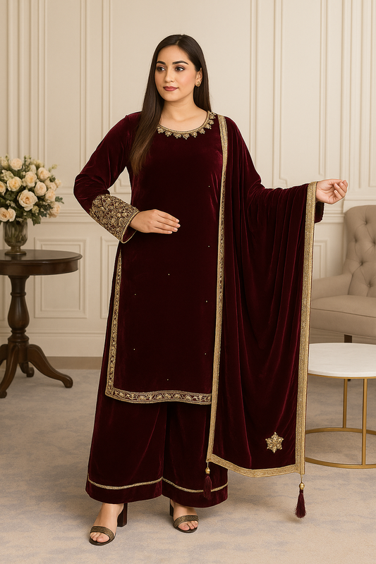 Brit 3 piece luxury 11000 Valvet with Valvet shawl_81042 Pakistani ladies suit  Plum B283