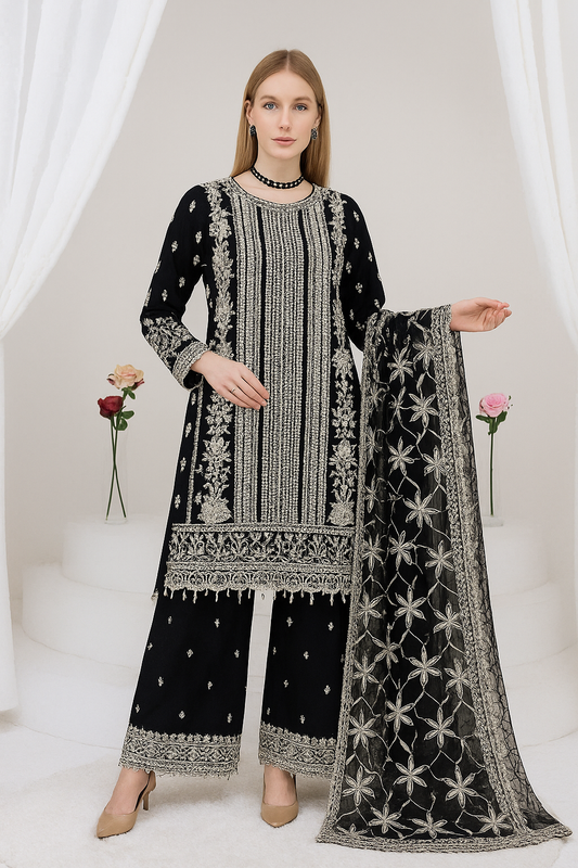 Brit 3 piece luxury chiffon_81042 Pakistani ladies suit Black B245