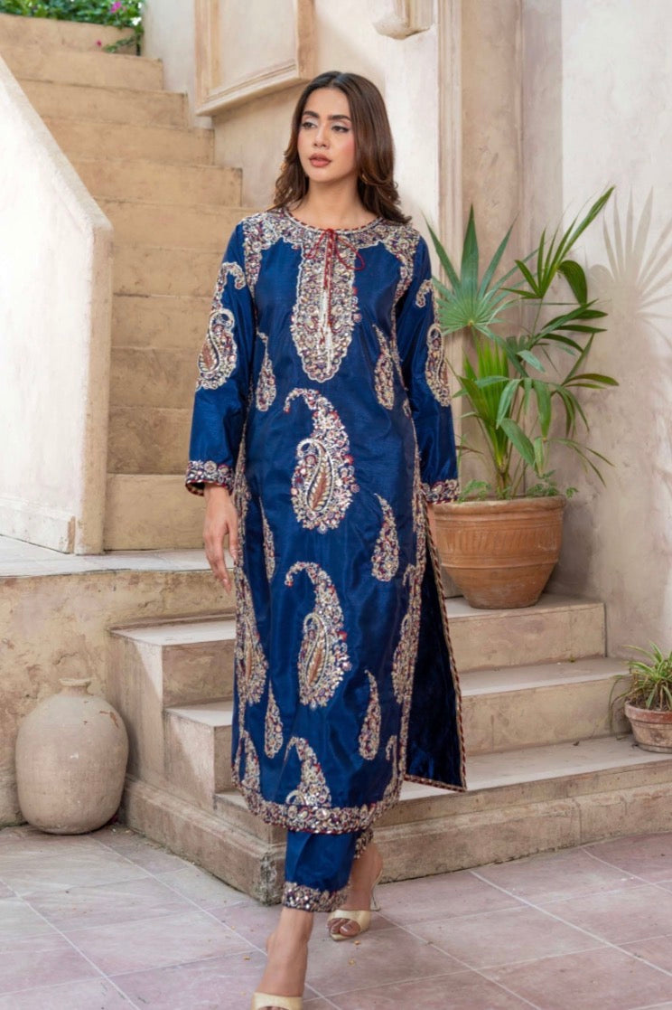 Ethnic 2 piece luxury Raw silk ladies Maxi dress B684