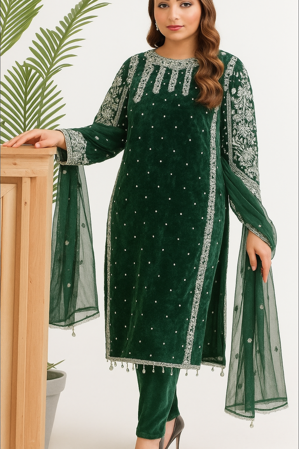 Brit 3 piece velvet_6041 ladies Pakistani suit Green B13
