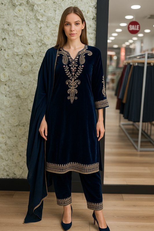 Brit 3 piece luxury Valvet _81042 Pakistani ladies suit  Navy B284