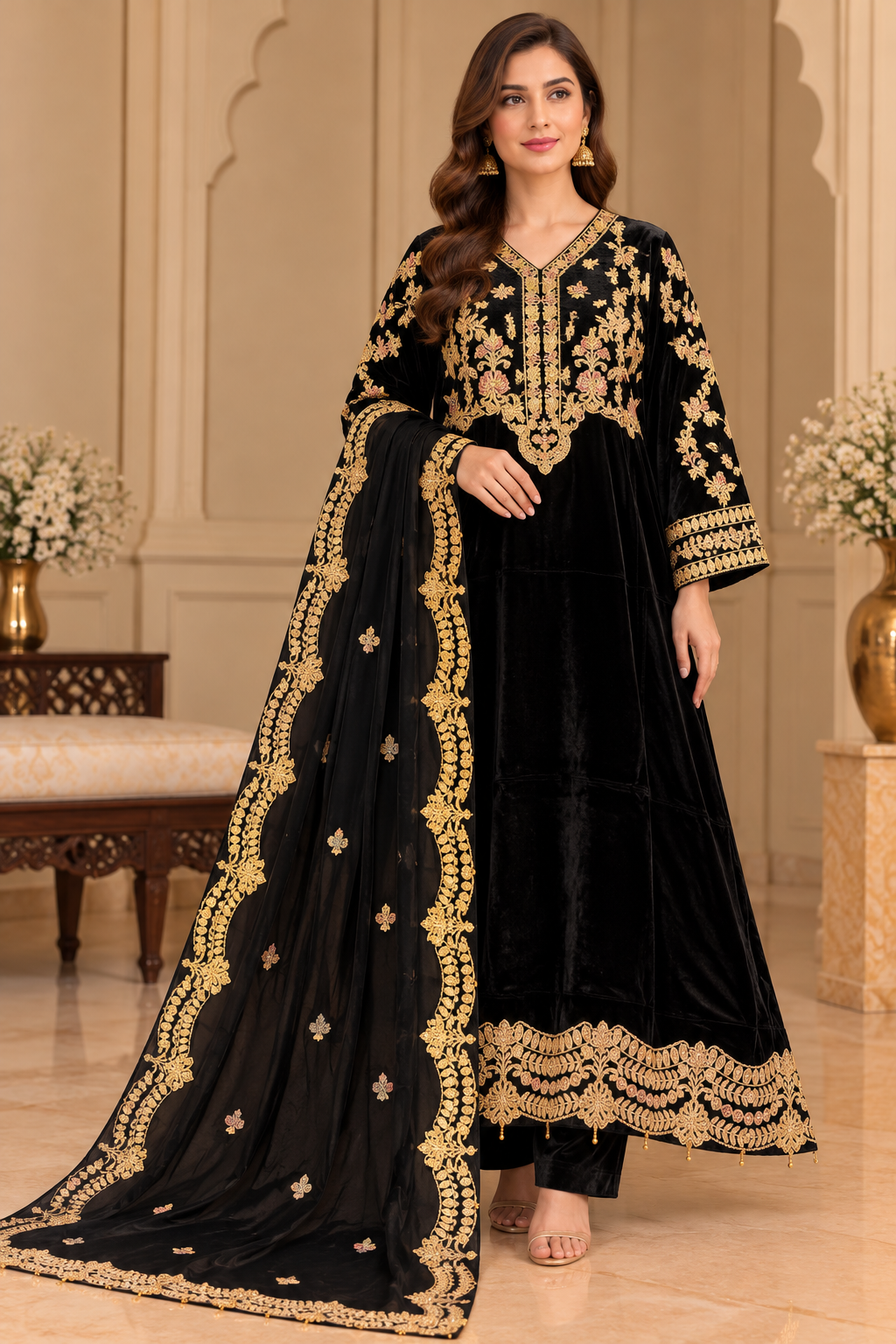BRIT- GL 3 piece Valvet designer collection chiffon duppata B821