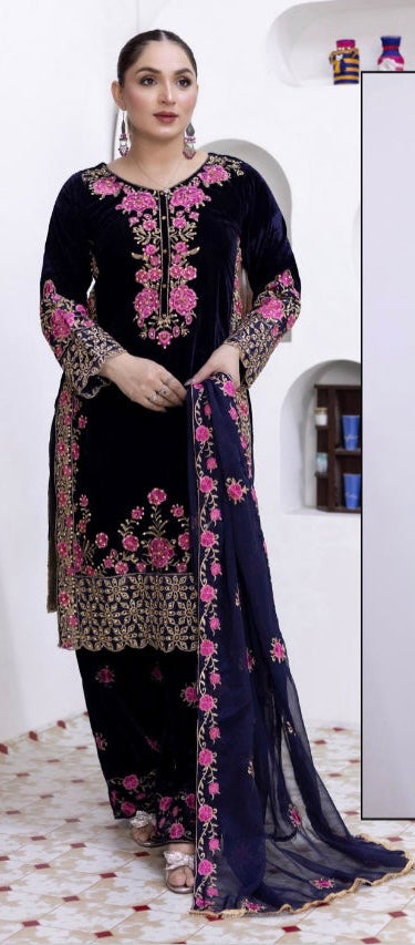 Brit 3 piece luxury Valvet_81042 Pakistani ladies suit_ navy B296