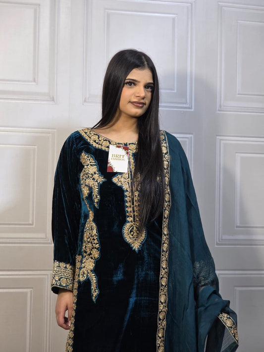 Brit 3 piece velvet_7023 ladies suit teal VB3