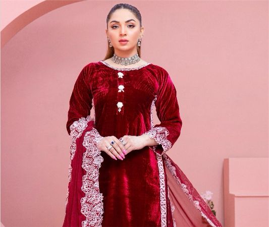 Brit 3 piece velvet_6001 Pakistani ladies wine B1