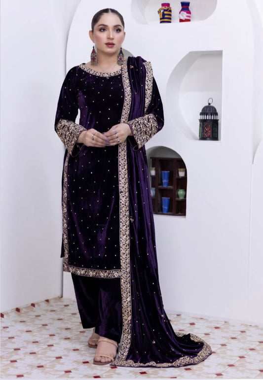 Brit 3 piece luxury Valvet_81042 Pakistani ladies suit purple  B289