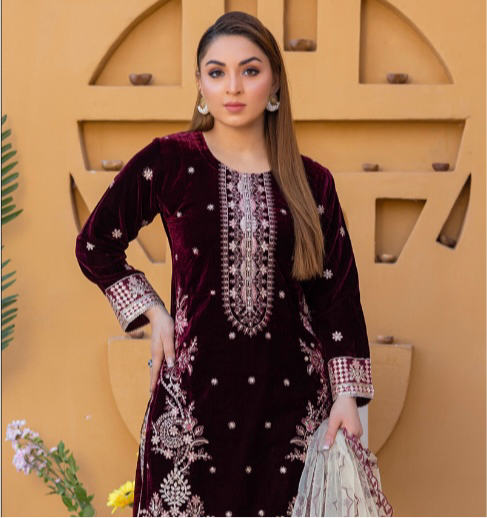 Brit Valvet 3 piece_6077 Pakistani ladies suit mehroon B37