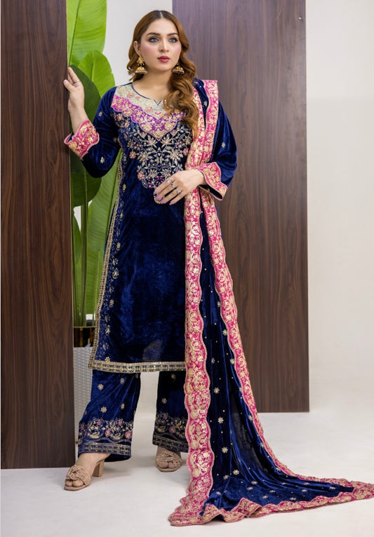 Brit 3 piece luxury Valvet_81042 Pakistani ladies suit navy B293