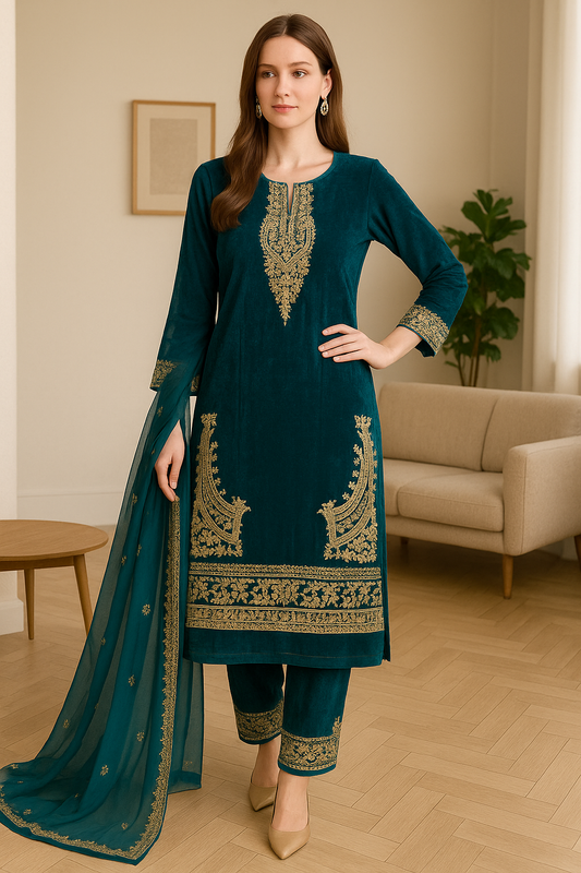 Brit 3 piece velvet_81042 Pakistani ladies suit Teal B269