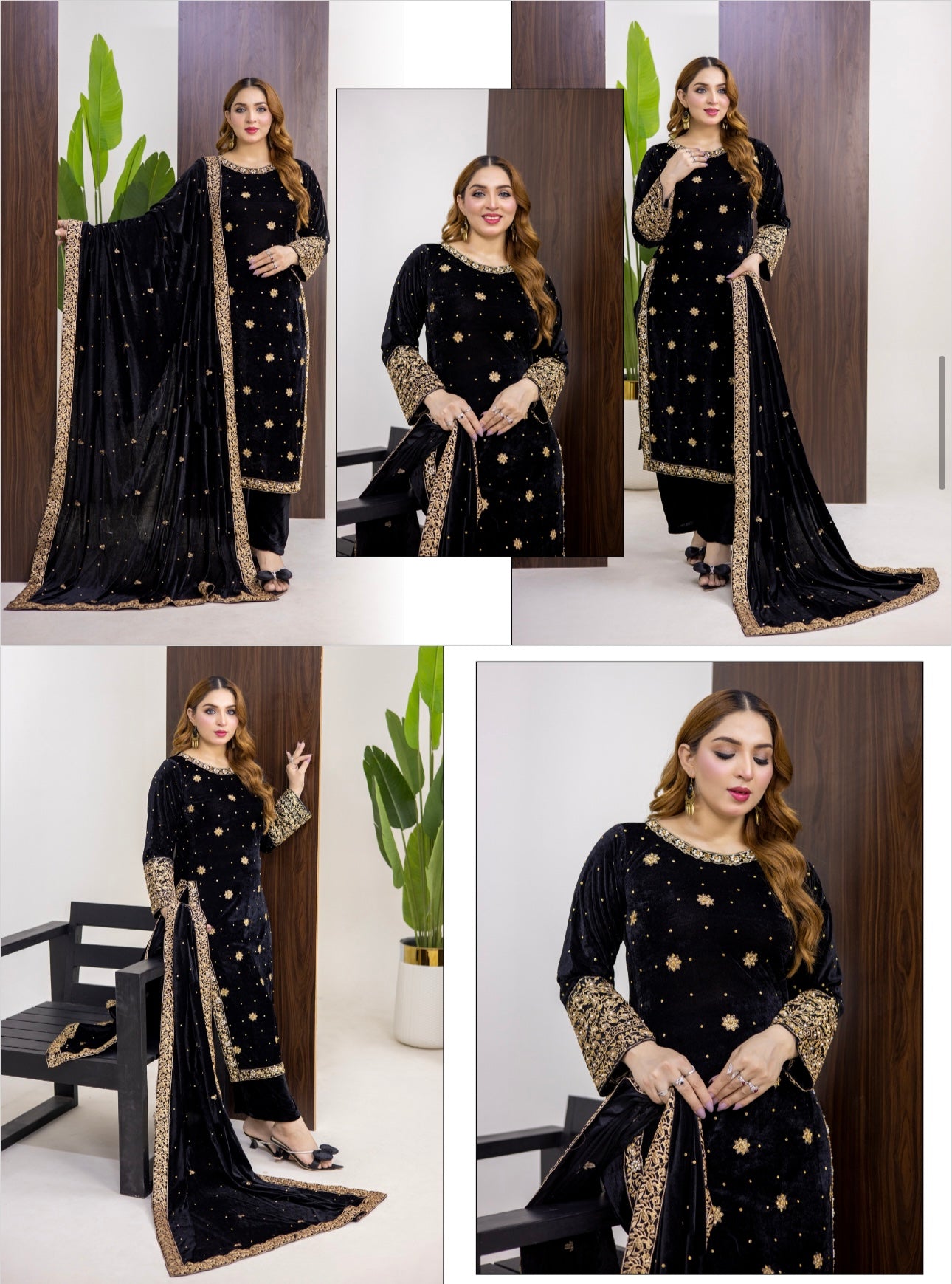 Brit 3 piece luxury Valvet_81042 Pakistani ladies suit Black  B289