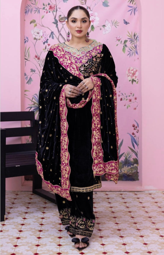 Brit 3 piece luxury Valvet_81042 Pakistani ladies suit black B293