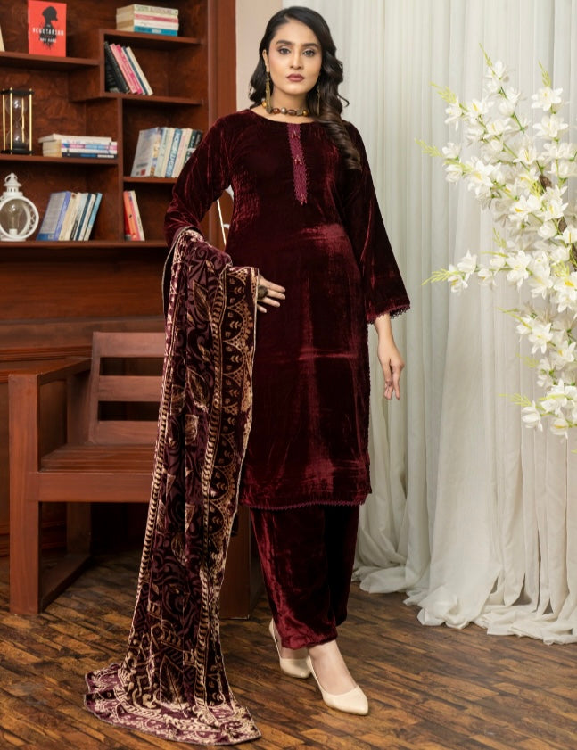 Brit 3 piece velvet with palachi shawl_5004 ladies suit B393