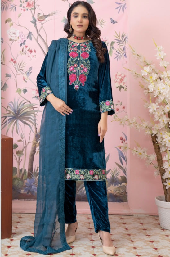 Brit 3 piece winter Valvet _81042 Pakistani ladies suitTeal B4211