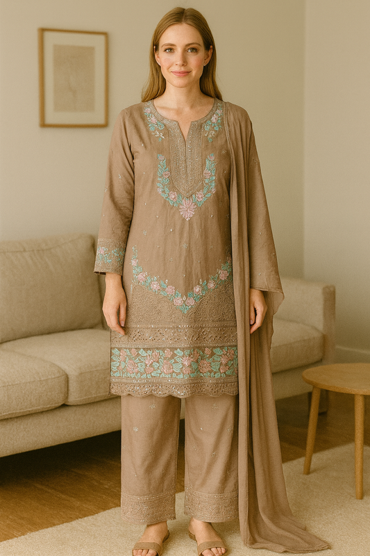 Brit 3 piece luxury linen_81042 Pakistani ladies suit Brown B238