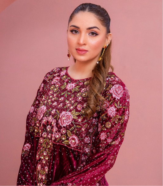 Brit 3 piece velvet_5013 ladies and kids suit Mehroon B4