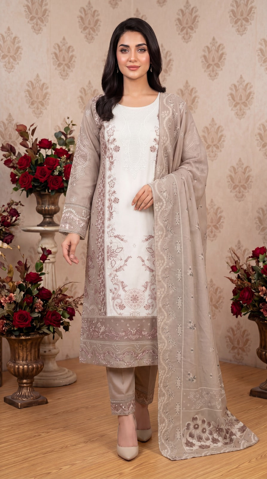 Brit 3 piece embroidery cotton ladies dress B605