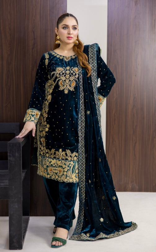 Brit 3 piece luxury Valvet_81042 Pakistani ladies suit Teal B290