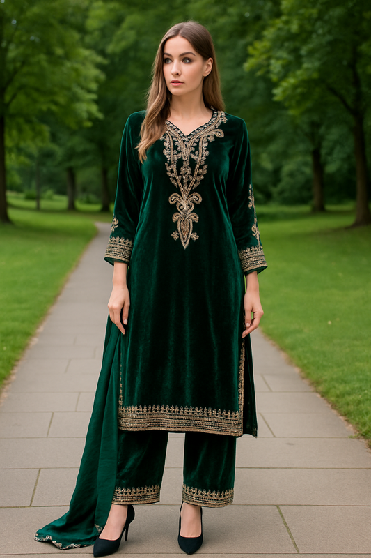 Brit 3 piece luxury Valvet _81042 Pakistani ladies suit green B284