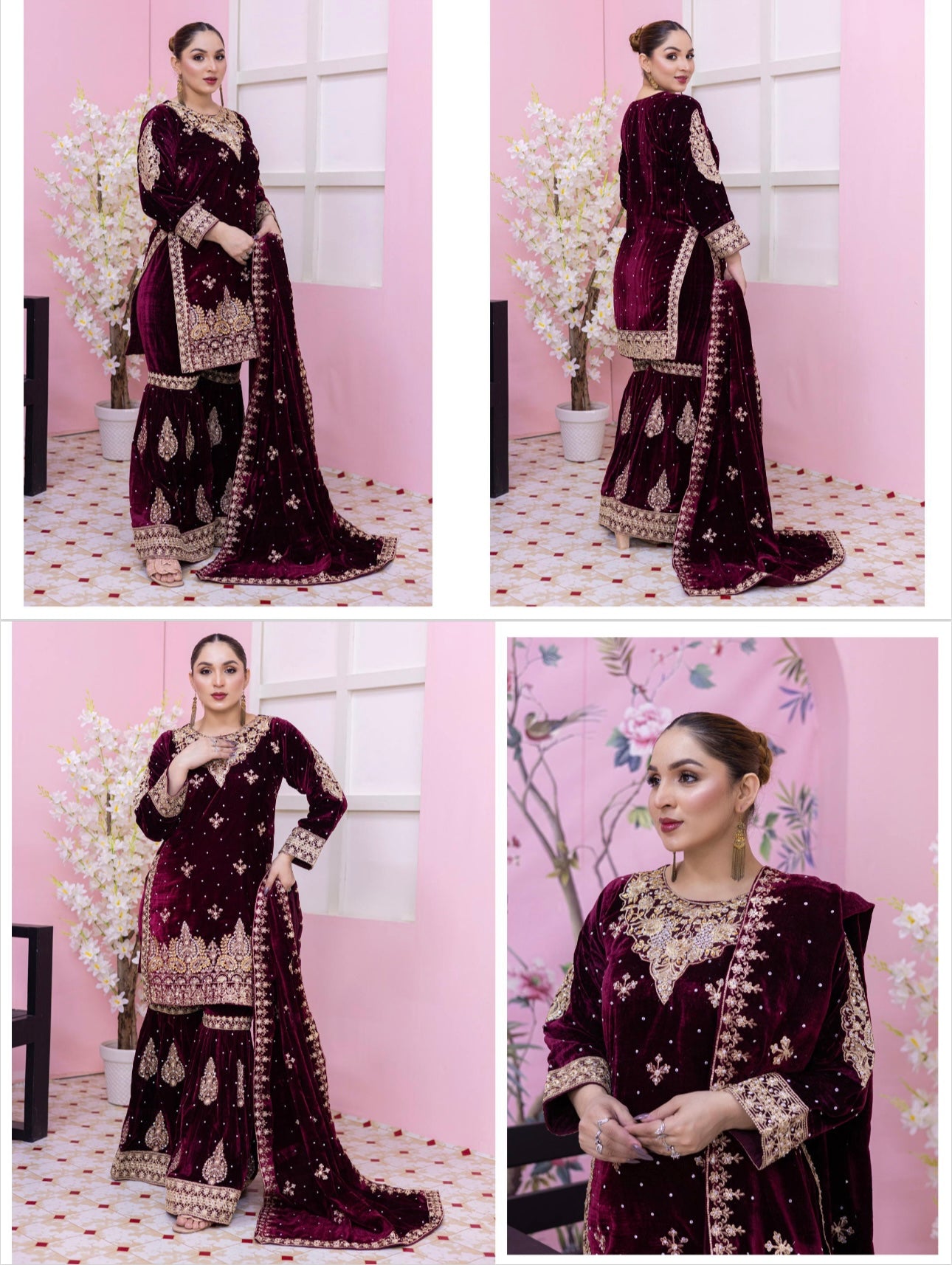 Brit 3 piece luxury Valvet_81042 Pakistani ladies suit maroon B294