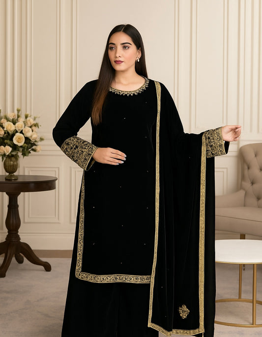 Brit 3 piece luxury 11000 Valvet with Valvet shawl_81042 Pakistani ladies suit  Black B283