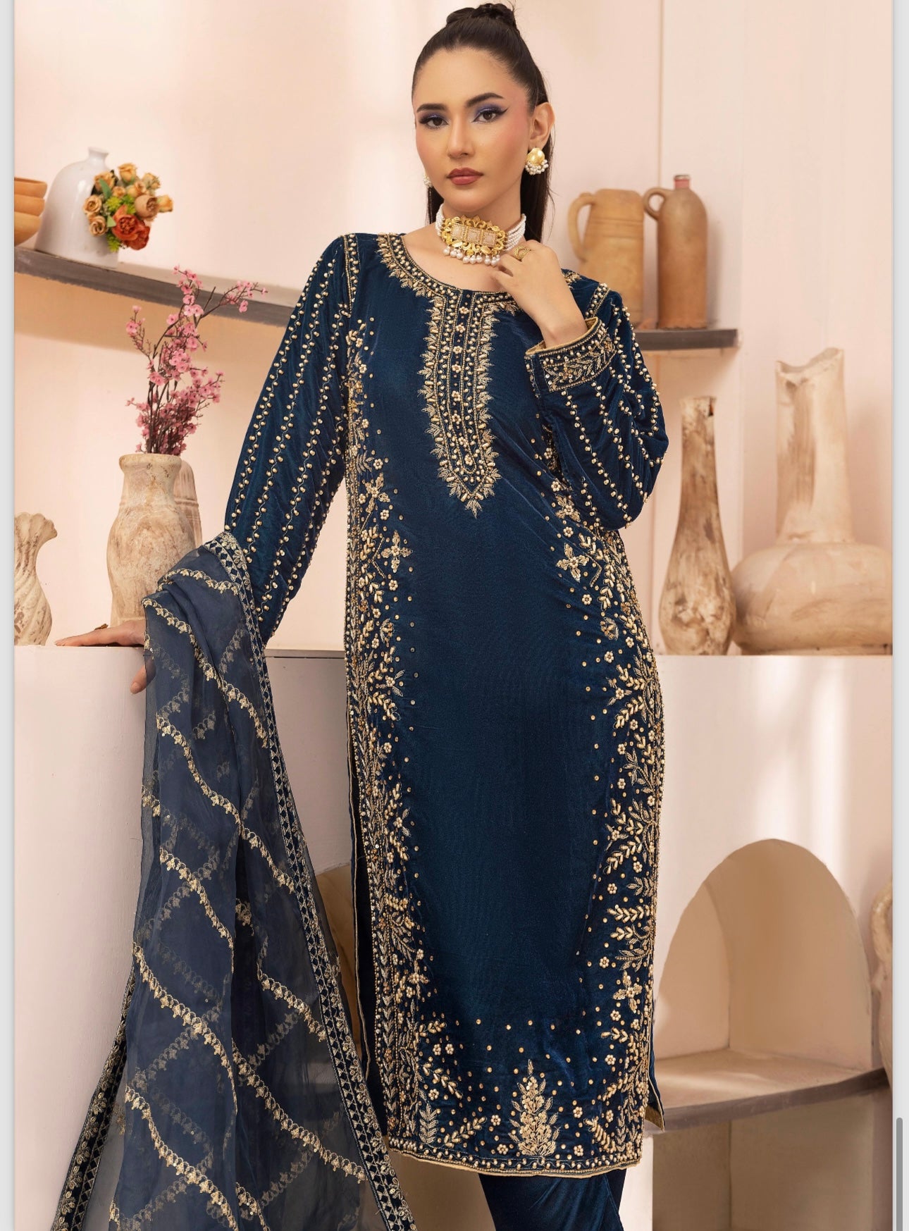 Brit 3 piece Designer luxury Valvet winter Pakistani ladies suit_B310