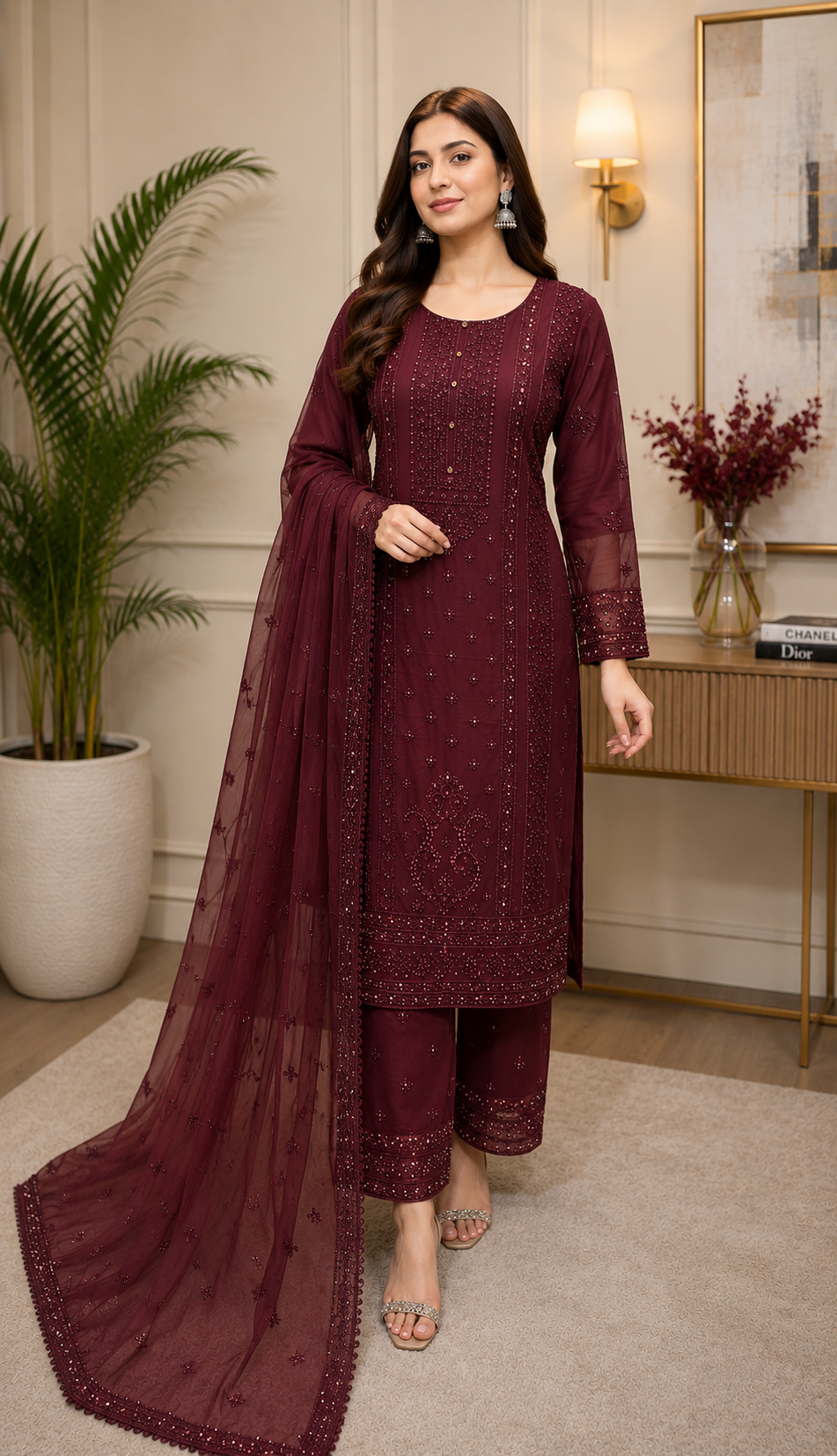 BRIT 3 piece embroidered chiffon ladies dress B616