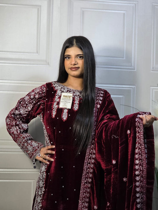 Brit 3 piece velvet_7028 ladies suit with shawl mehroon B44