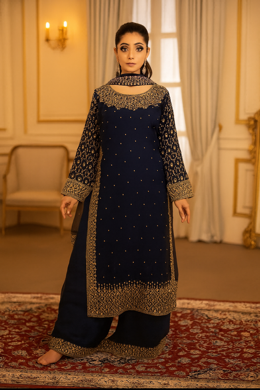 Brit 3 piece chiffon _81042 Pakistani ladies suit Navy B233