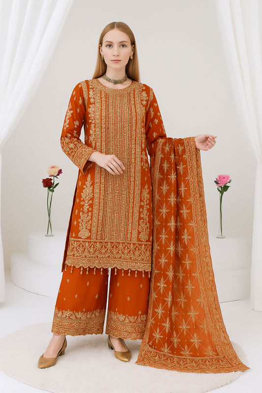 Brit 3 piece luxury chiffon_81042 Pakistani ladies suit orange B245