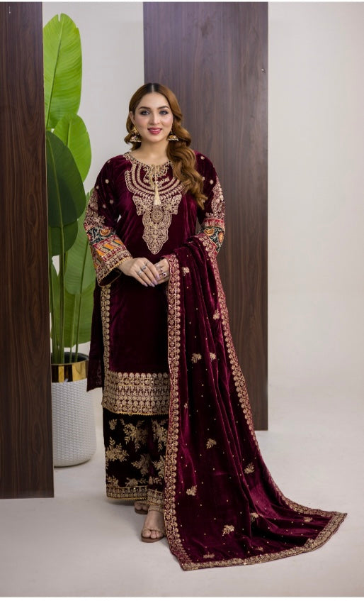 Brit 3 piece luxury Valvet_81042 Pakistani ladies suit mehroon B292