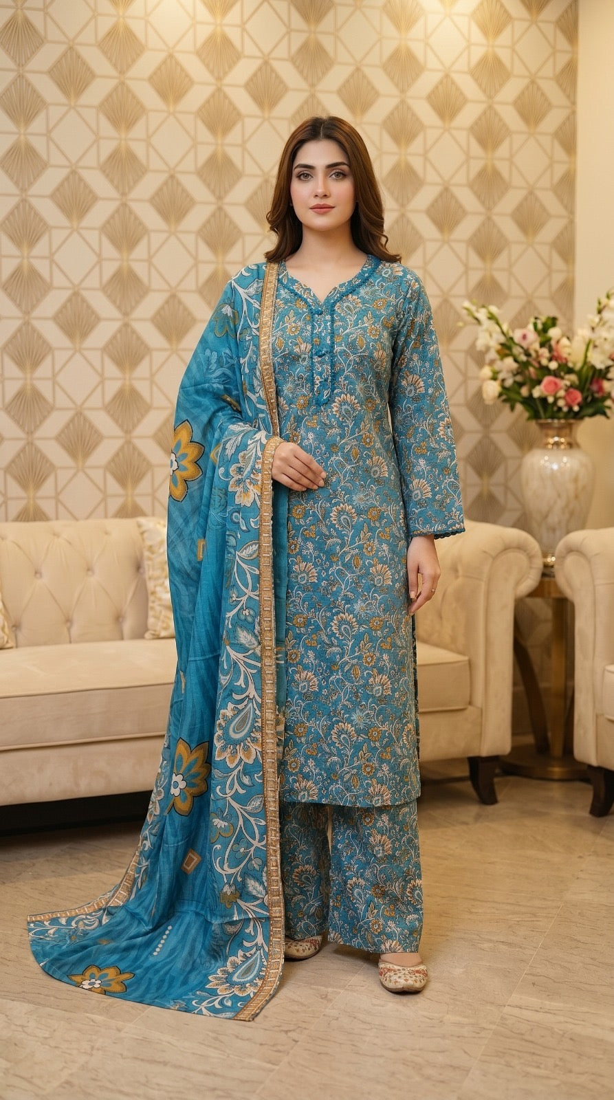 M Print inspired 3 piece Lawn summer collection ladies dress B621