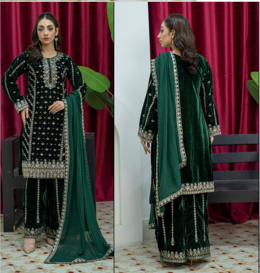 Brit 3 piece luxury Designer Valvet winter Pakistani ladies suit_B311