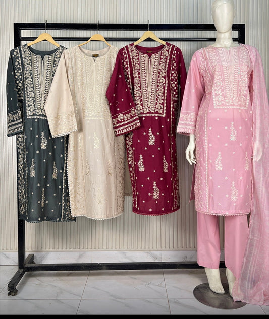 Brit 3 piece embroidered summer cotton collection ladies dress B624