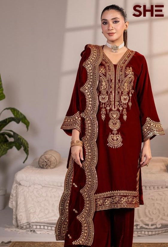 Brit 3 piece luxury Valvet winter Pakistani ladies suit_B314