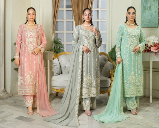 BRIT 3 piece embroidered chiffon ladies dress B618