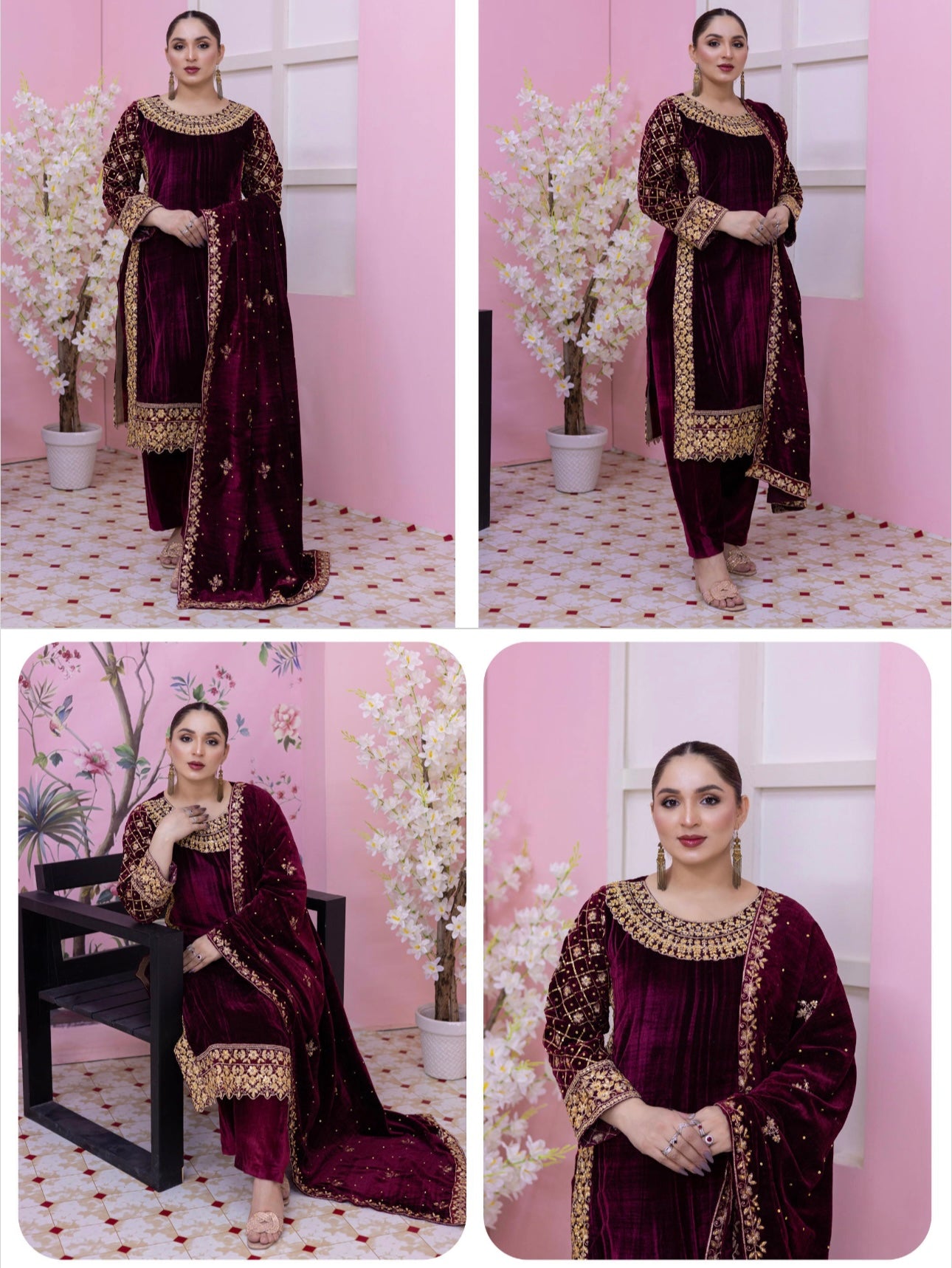 Brit 3 piece luxury Valvet_81042 Pakistani ladies suit maroon B295