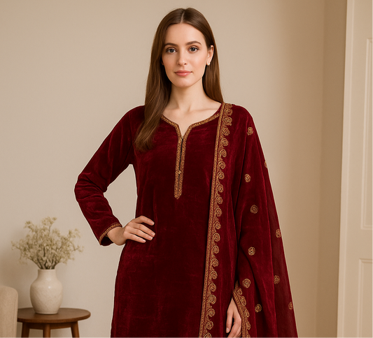 Brit 3 piece velvet_6025 Pakistani ladies suit wine B19