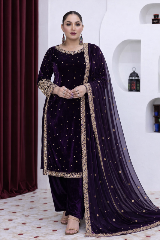 Brit 3 piece luxury Valvet_81042 Pakistani ladies suit purple WITH CHIFFON DUPPATA B289