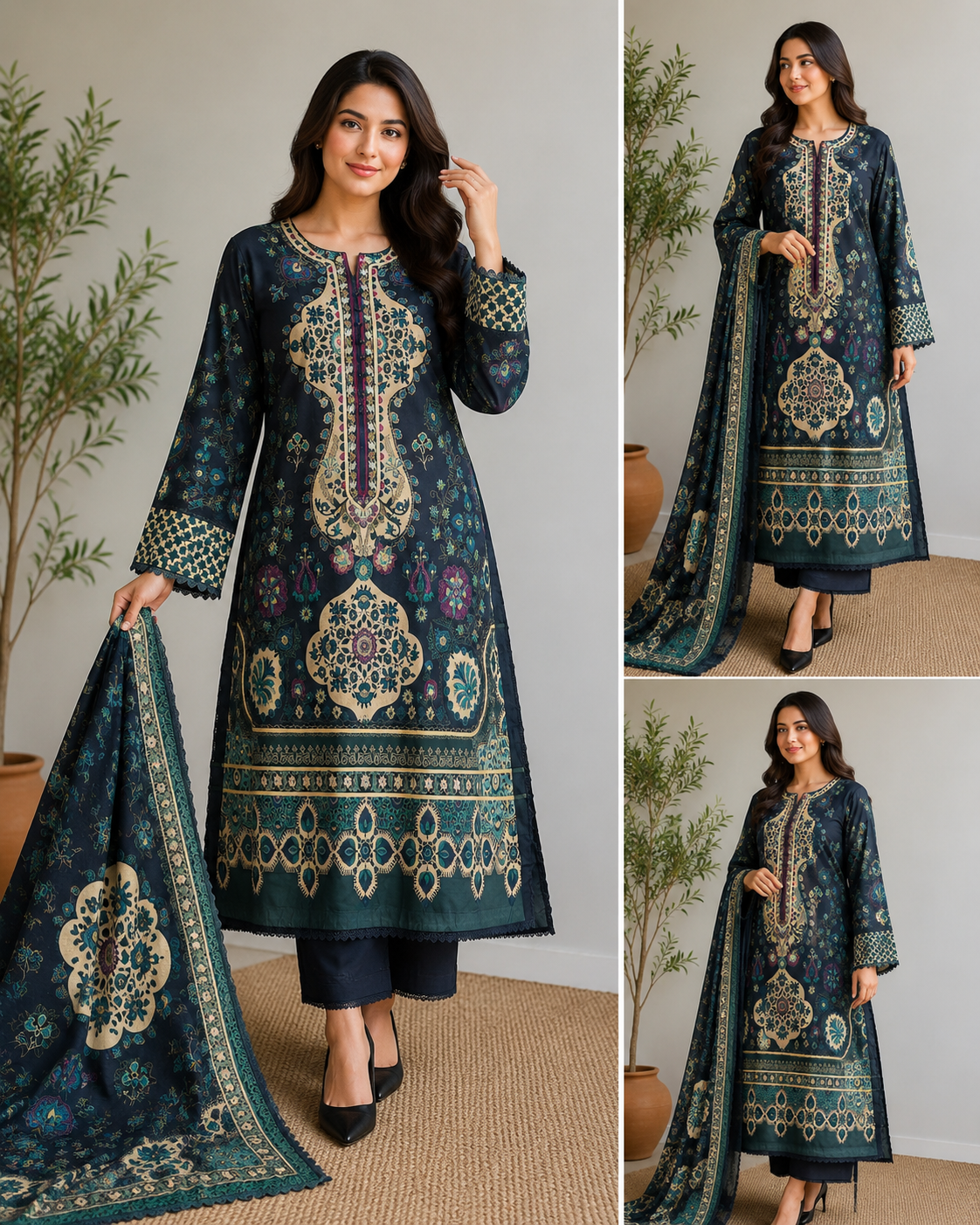 Brit 3 piece embroidered summer cotton collection ladies dress B629