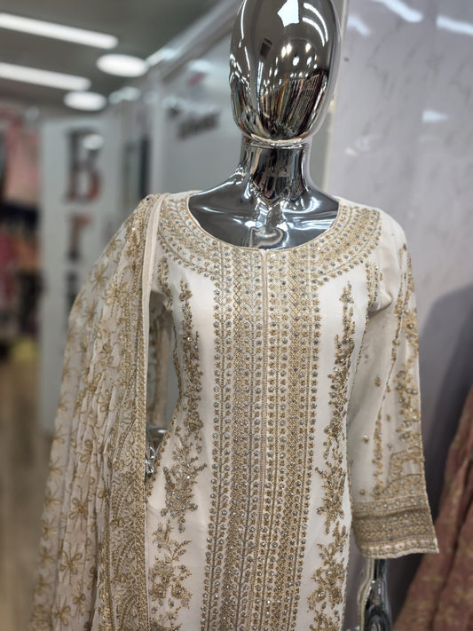 Nureh inspired“3 piece luxury organza_81042 Pakistani ladies suit cream B220