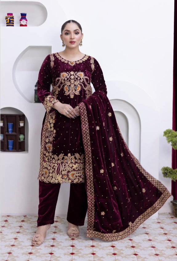 Brit 3 piece luxury Valvet_81042 Pakistani ladies suit Mehroon B290
