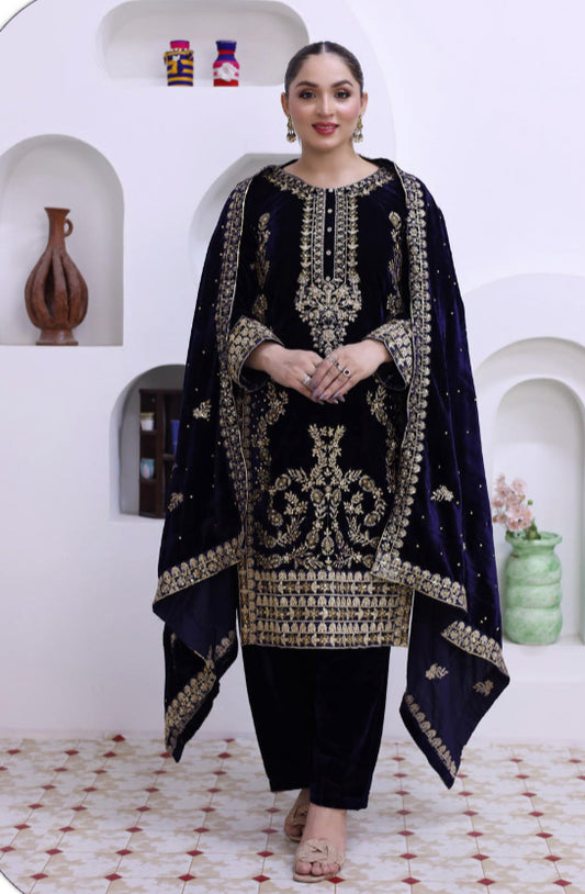 Brit 3 piece luxury Valvet_81042 Pakistani ladies suit_ Navy_ B297