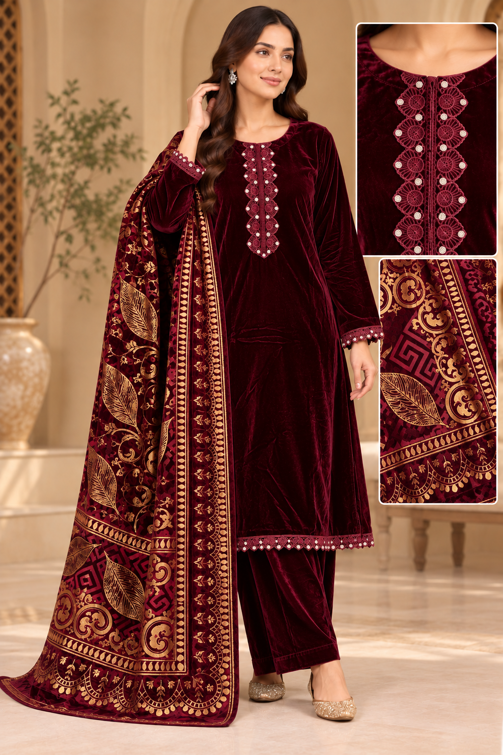 Brit 3 piece velvet with palachi shawl_5004 ladies suit B393