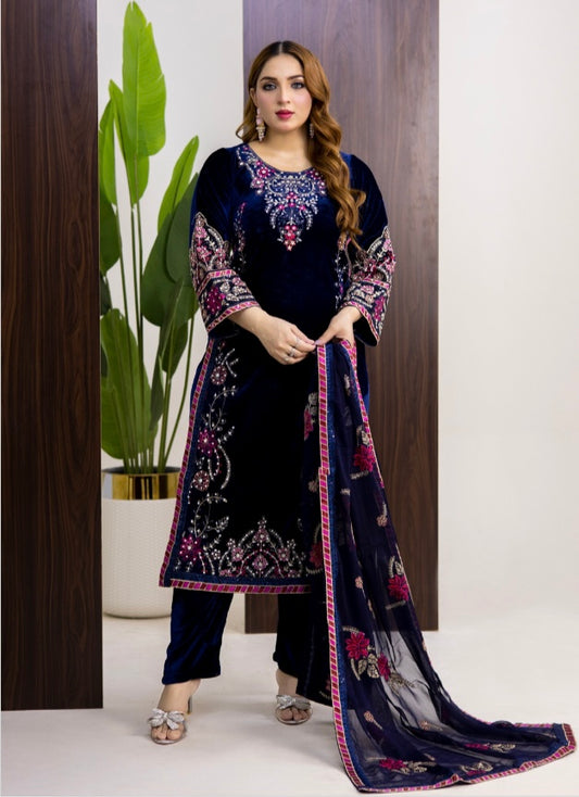 Brit 3 piece luxury Valvet_81042 Pakistani ladies suit Navy B301