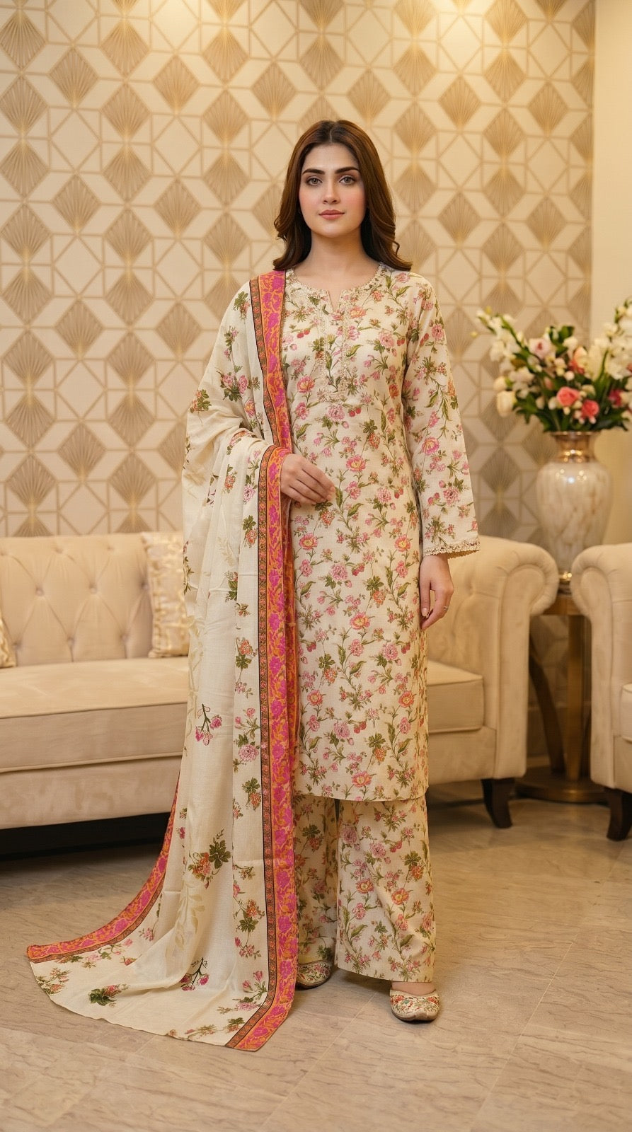 M Print inspired 3 piece Lawn summer collection ladies dress B621