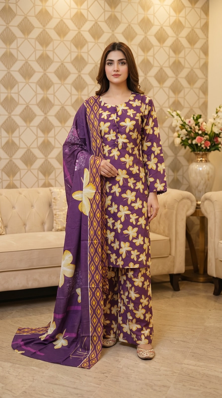 M Print inspired 3 piece Lawn summer collection ladies dress B621